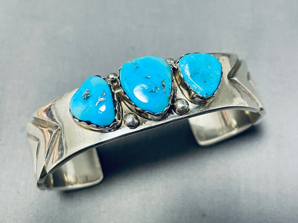 Superb Vintage Native American Navajo Signed 3 Kingman Turquoise Sterling Silver Bracelet-Nativo Arts