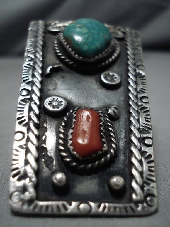 Museum Vintage Navajo Turquoise Coral Sterling Silver Native American Ring-Nativo Arts
