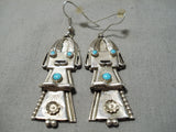 Huge Vintage Navajo Turquoise Kachina Sterling Silver Native American Earrings-Nativo Arts