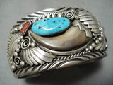 Authentic Bear Native American Navajo Turquoise Coral Sterling Silver Ted Joe Bracelet-Nativo Arts