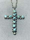 Inspiring Vintage Native American Zuni Blue Gem Turquoise Sterling Silver Cross Necklace-Nativo Arts