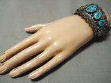 One Of The Best Vintage Native American Navajo Turquoise Sterling Silver Flower Bracelet Old-Nativo Arts