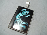 One Of A Kind Native American Zuni Turquoise Jet Inlay Sterling Silver Pendant-Nativo Arts