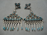 Exquisite Vintage Native American Zuni Native Turquoise Needlepoint Sterling Silver Earrings-Nativo Arts