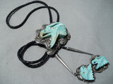 Native American Best Vintage Navaj Eagle Hand Carved Turquoise Sterling Silver Bolo Tie-Nativo Arts