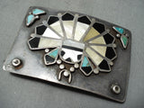 Heavy Detailed Vintage Native American Zuni Turquoise Sterling Silver Inlay Buckle Old-Nativo Arts