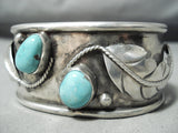 Wide Hand Tooled Vintage Native American Navajo Authentic Sterling Silver Turquoise Bracelet-Nativo Arts
