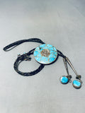Brilliant Vintage Native American Zuni Blue Gem Turquoise Inlay Sterling Silver Tie Tac Bolo-Nativo Arts