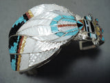 Rare Zuni Native American Turquoise Coral Jet Inlay Sterling Silver Bracelet-Nativo Arts