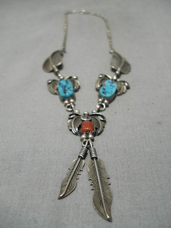 Detailed!! Vintage Native American Navajo Turquoise Coral Sterling Silver Feather Necklace Old-Nativo Arts