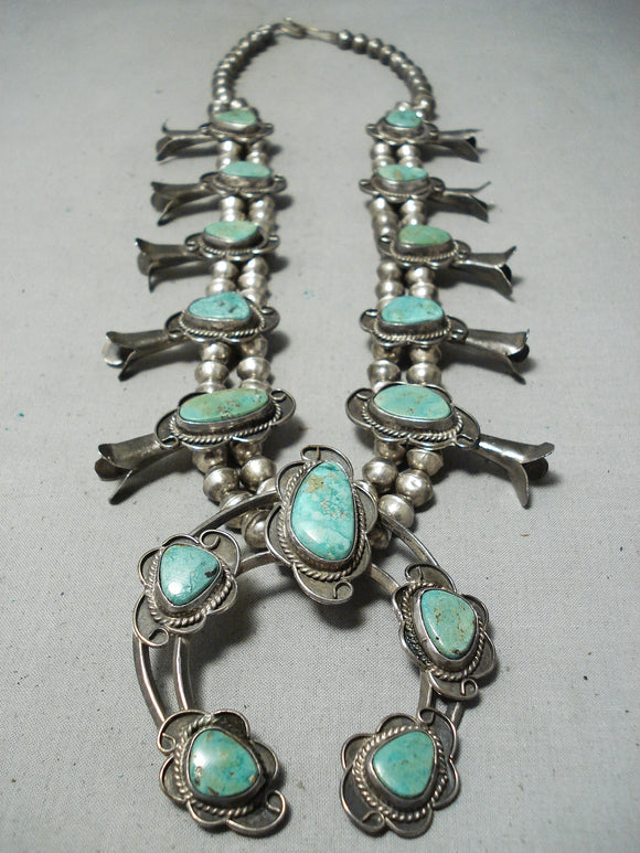 Women's Vintage Native American Navajo Royston Turquoise Sterling Silver Squash Blossom Necklace-Nativo Arts