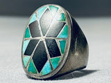 Native American One Of Best Early Thicker Vintage Navajo Turquoise Inlay Sterling Silver Ring-Nativo Arts