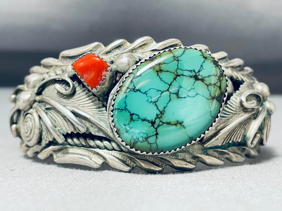 Superior Native American Navajo Spiderweb Turquoise And Coral Sterling Silver Bracelet-Nativo Arts