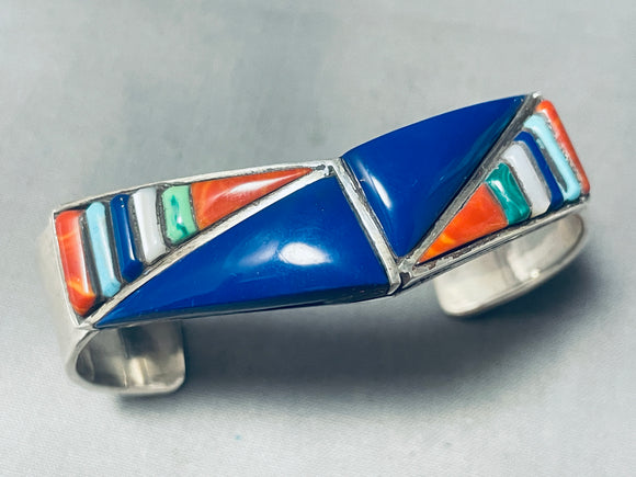 Native American Triangles Of Lapis Vintage Navajo Inlay Sterling Silver Bracelet-Nativo Arts