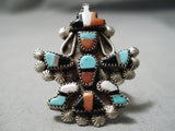 Amazing Detail Vintage Zuni Native American Turquoise Coral Sterling Silver Ring-Nativo Arts