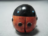 Wonderful Navajo Coral Jet Sterling Silver Ladybug Ring Native American-Nativo Arts