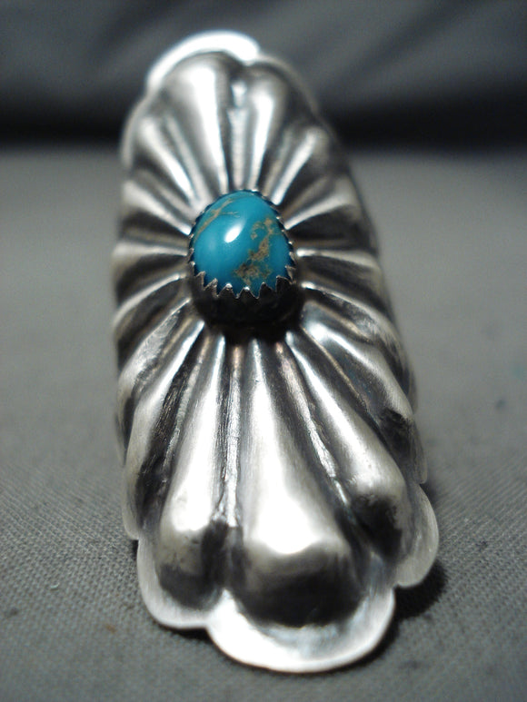 Eye Catching Native American Navajo Old Kingman Turquoise Sterling Silver Concho Ring-Nativo Arts