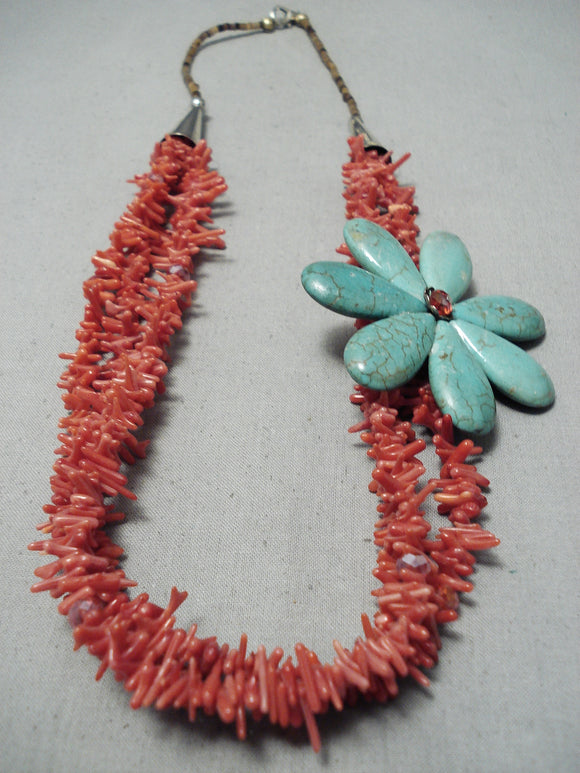 Gorgeous Turquoise Flower Vintage Native American Navajo Coral Sterling Silver Necklace Old-Nativo Arts