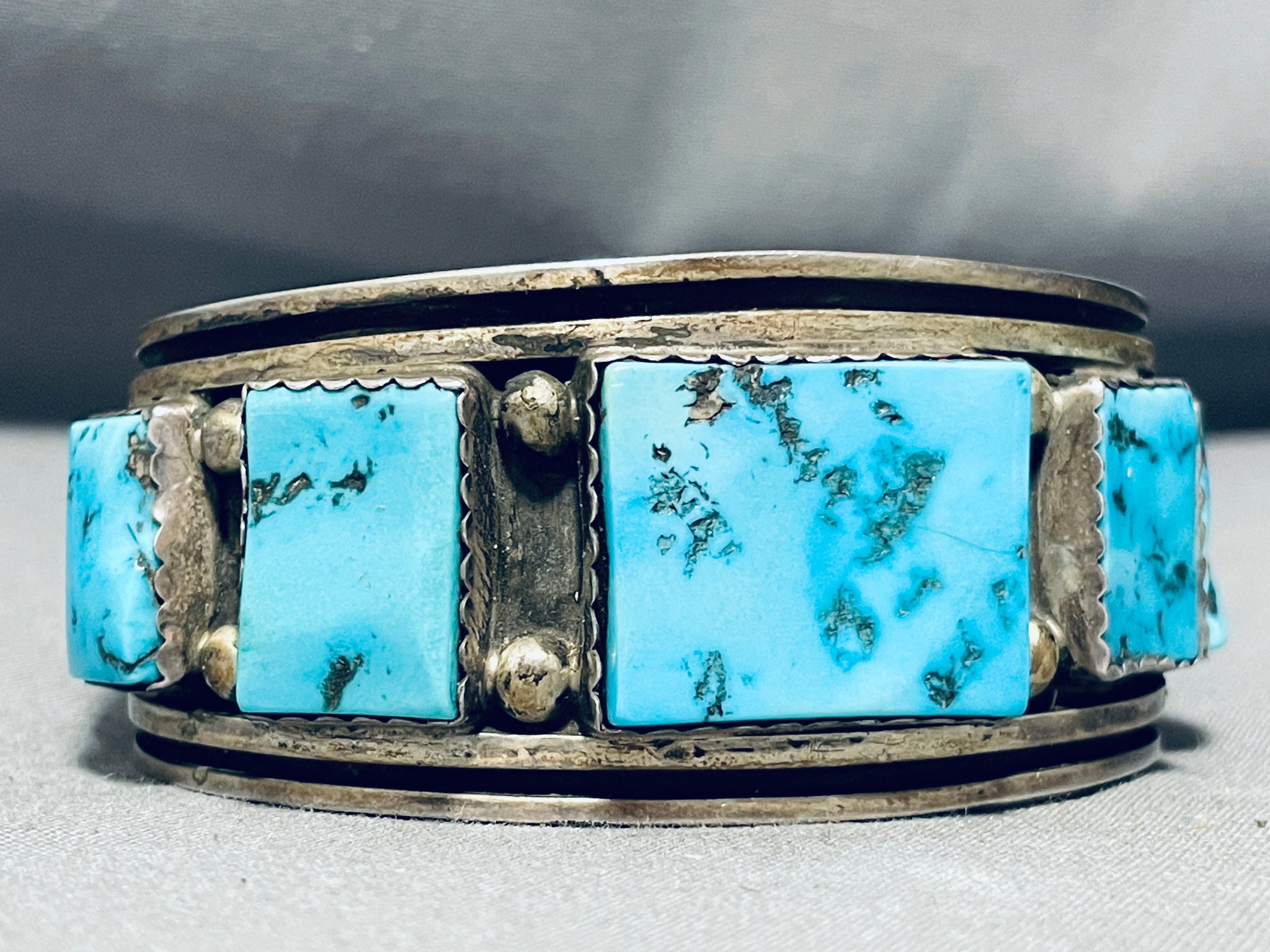 Opulent Vintage Native American Navajo Squared Turquoise Sterling