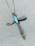 Heavenly Vintage Native American Navajo Kingman Turquoise Sterling Silver Cross Necklace-Nativo Arts