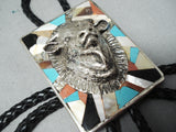 Huge Buffalo Vintage Native American Navajo Turquoise Sterling Silver Inlay Bolo Tie Old-Nativo Arts