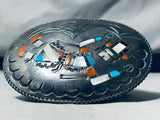 Intricate Heavy Patina Vintage Native American Navajo Turquoise Kachina Sterling Silver Buckle-Nativo Arts