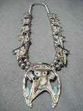 Detailed Vintage Native American Zuni Turquoise Owl Sterling Silver Squash Blossom Necklace-Nativo Arts