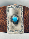 Remarkable Native American Navajo Blue Gem Turquoise Sterling Silver Brown Leather Bowguard-Nativo Arts