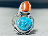 Wonderful Native American Navajo Morenci Turquoise And Coral Sterling Silver Ring-Nativo Arts