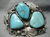 Huge Vintage Native American Navajo Natural Blue Turquoise Sterling Silver Applique Bracelet Old-Nativo Arts