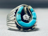 Eye-catching Native American Navajo Turquoise Diamond Sterling Silver Horseshoe Ring-Nativo Arts