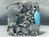 Native American 251 Grams Solid Sterling Silver Turquoise Buffalo Bracelet Cuff-Nativo Arts