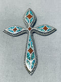 Very Intricate Vintage Native American Navajo Turquoise Coral Sterling Silver Cross Pendant-Nativo Arts