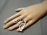 Huge Vintage Native American Navajo Hand Tooled Butterfly Sterling Silver Ring-Nativo Arts