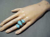 Huge Signed Navajo Native American 3 Blue Gem Turquoise Sterling Silver Ring-Nativo Arts
