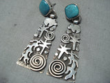 Important Native American Navajo Old Kingman Turquoise Sterling Silver Earrings-Nativo Arts