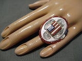 Important Native American Navajo Red White Blue Lapis Coral Sterling Silver Ring-Nativo Arts
