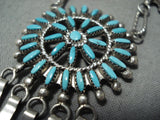 Intricate Vintage Native American Zuni Turquoise Sterling Silver Dangle Necklace Old-Nativo Arts