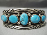 Rare Wide Wave Stamp Vintage Native American Navajo Blue Turquoise Sterling Silver Bracelet Old-Nativo Arts