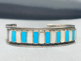Rows Of Turquoise Pearl Vintage Native American Zuni Sterling Silver Inlay Bracelet-Nativo Arts