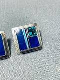 Radiant Vintage Native American Navajo Turquoise Lapis Inlay Sterling Silver Square Earrings-Nativo Arts