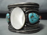 Massive Vintage Native American Navajo Mother Of Pearl Turquoise Coral Sterling Silver Bracelet-Nativo Arts