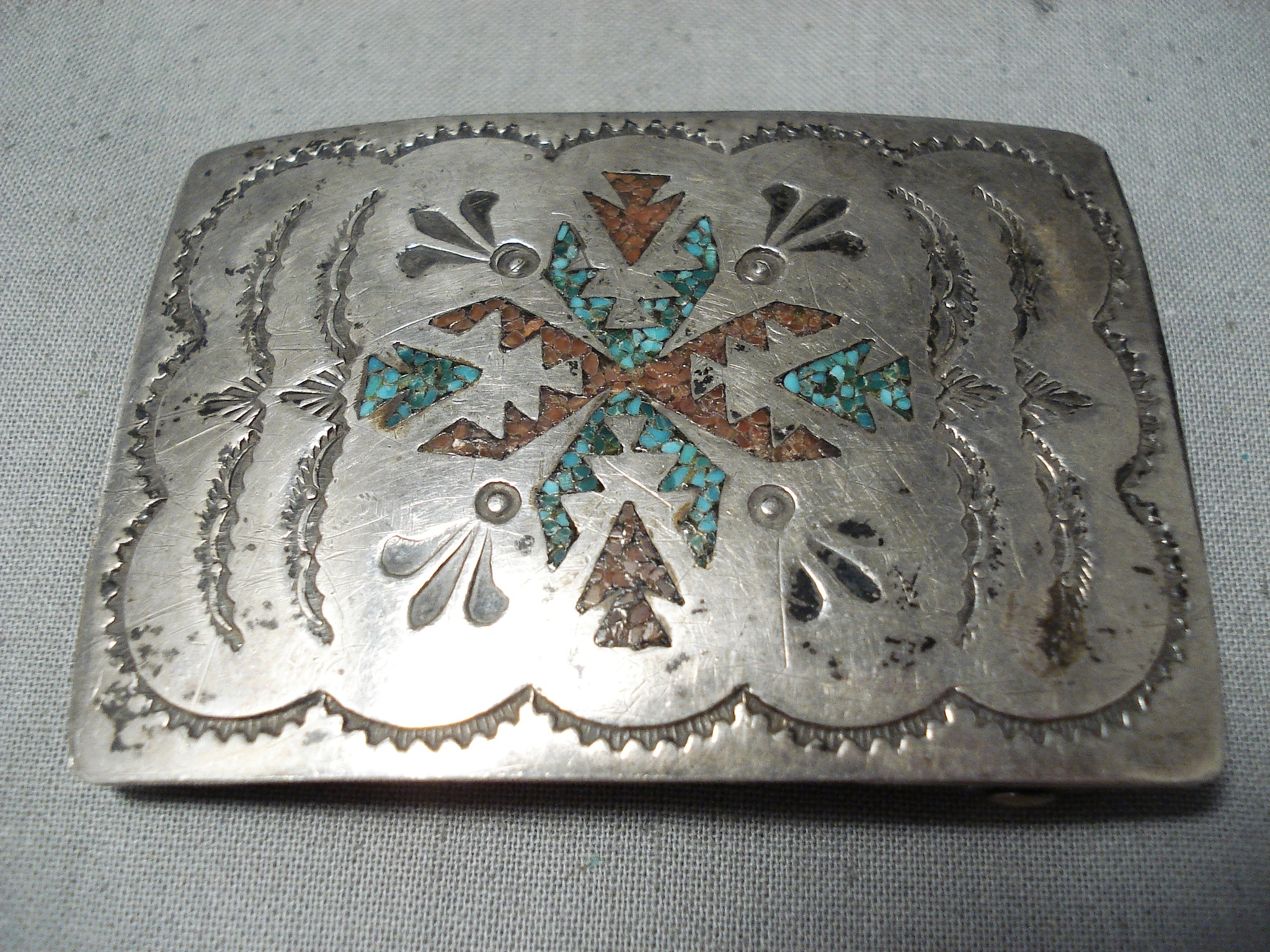 Belt Buckle Sterling Silver Navajo Signed Nakai Native American newest Turquoise Coral