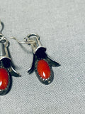 Fabulous Native American Navajo Coral Sterling Silver Blossom Dangle Earrings-Nativo Arts