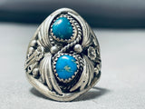 Native American Rare Vintage Highly Detailed Turquoise Sterling Silver Ring Old-Nativo Arts