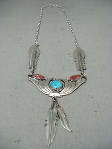 Fascinating Tso Vintage Native American Navajo Turquoise Coral Sterling Silver Feathers Necklace-Nativo Arts