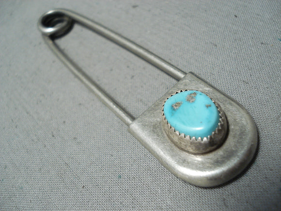 Custom Vintage Native American Navajo Old Kingman Turquoise Sterling Silver Keychain Safety Pin-Nativo Arts
