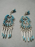 Incredible Vintage Zuni Native American Long Turquoise Sterling Silver Earrings-Nativo Arts