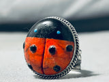 Captivating Native American Navajo Signed Coral Jet Turquoise Sterling Silver Ladybug Ring-Nativo Arts