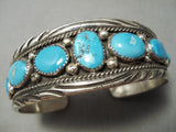 Rare Wide Wave Stamp Vintage Native American Navajo Blue Turquoise Sterling Silver Bracelet Old-Nativo Arts